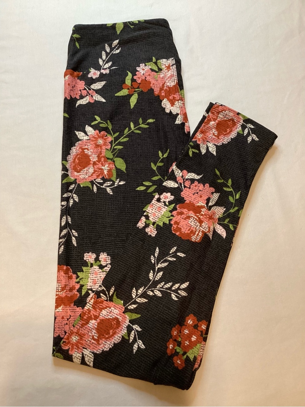 LuLaRoe Black Leggings with Pink Floral and Green Leaf Accents